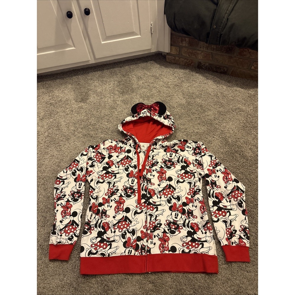 Disney Minnie Mouse Hoodie Womens XL Full Zip Up Bow Ears Cosplay Jacket AOP